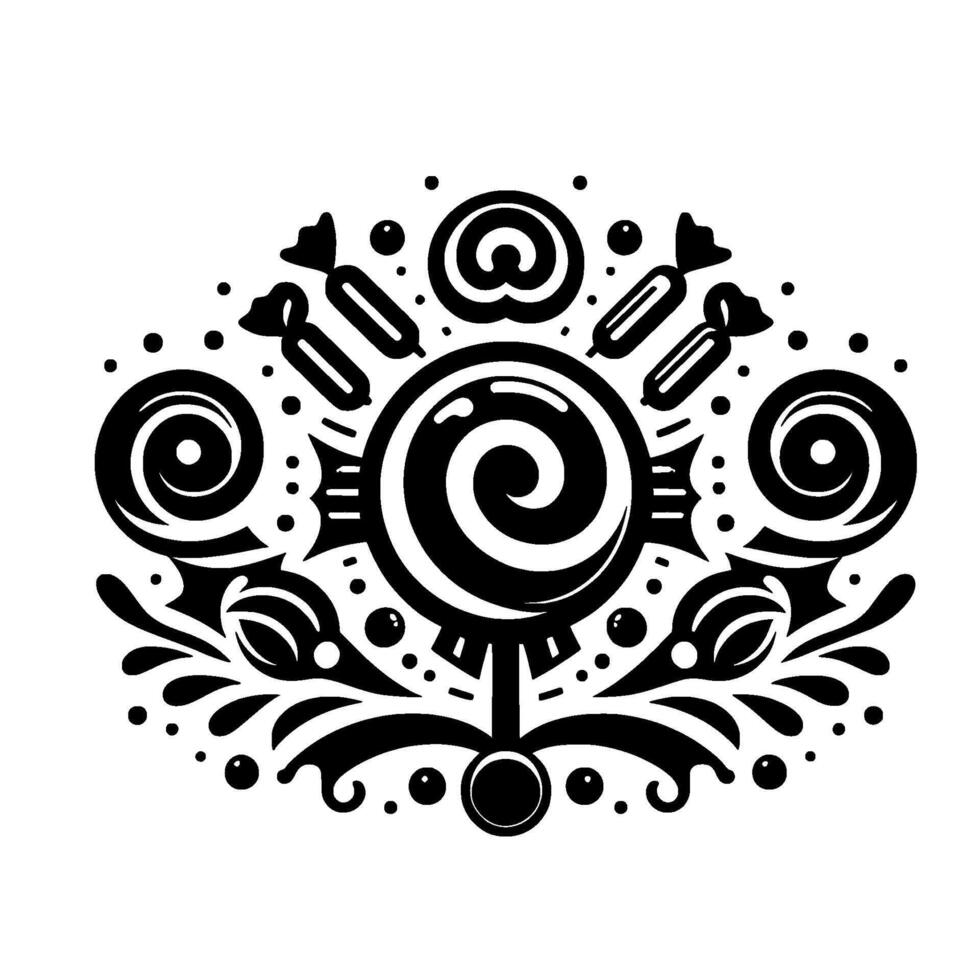Black and White Emblem Central Swirl Lollipop Surrounded by Sweets, Candies, and Florallike Embellishments, Isolated on White. vector