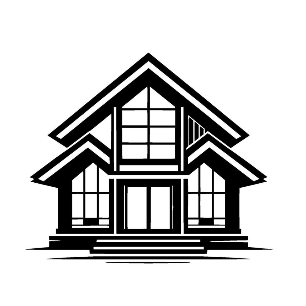 Black and white stylized architectural illustration of a modern twostory house with large windows, triangular rooflines, and a minimalist . vector