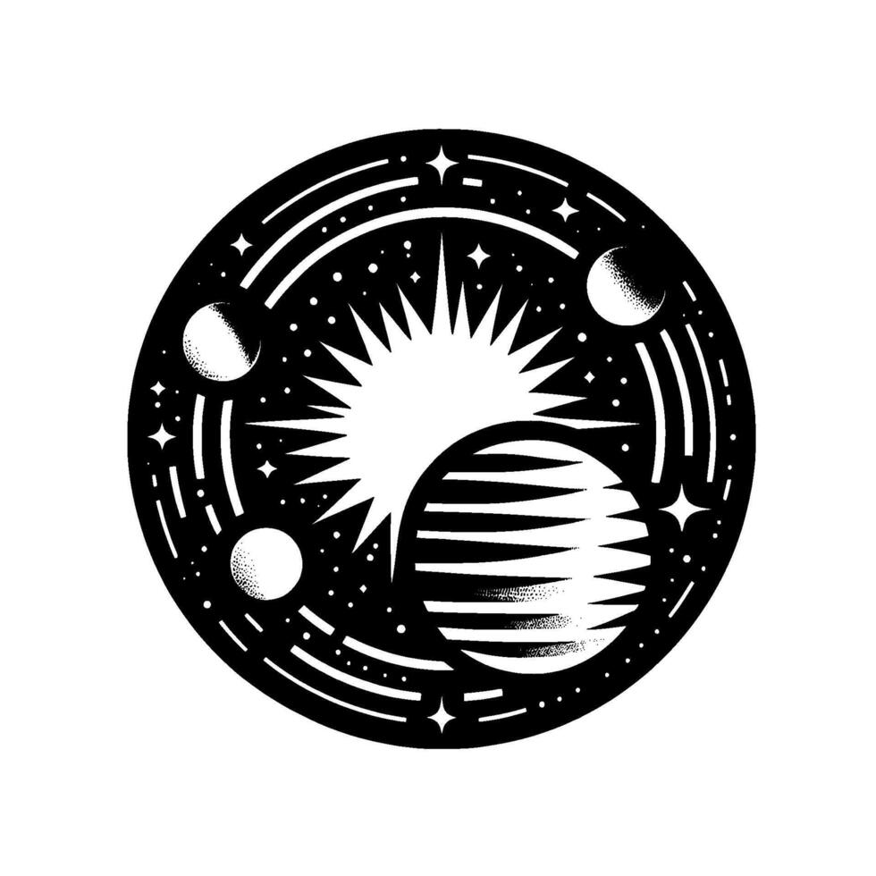 Intricate Black White Celestial Mandala Sun, Planets, Stars within a Circular Cosmic . vector