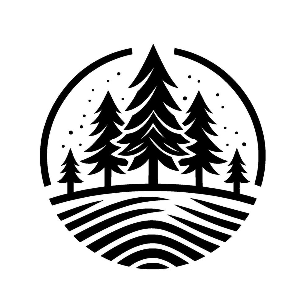Stylized black and white minimalist of pine trees on rolling hills framed within a circle, with scattered dots. vector