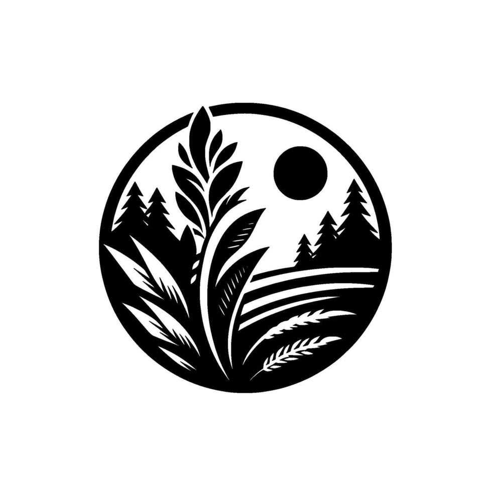 A Minimalist Circular Landscape Featuring Crops, Pines, Sun, And Fields, Rendered in a Bold Black and White Style. vector