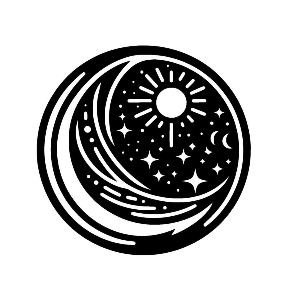 Stylized Black and White Celestial Mandala Sun, Moon, Stars, and Decorative Cosmic Elements within a Circle vector
