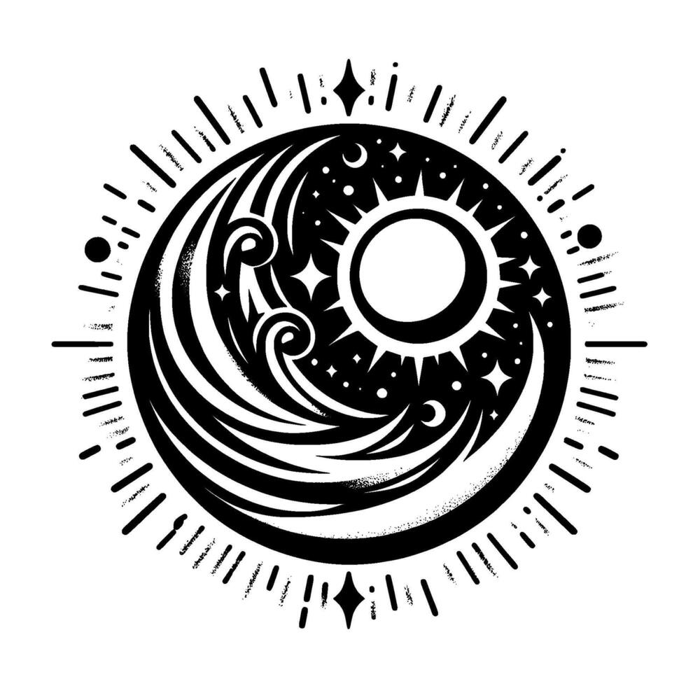 Ornate black and white celestial mandala, featuring stylized sun, moon, stars, waves, and radiating lines, evoking cosmic balance. vector