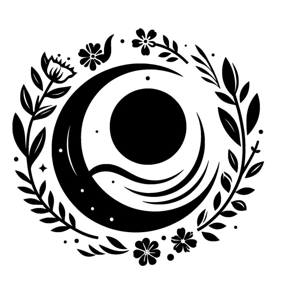 Black and white floral wreath encompassing a stylized celestial alignment of the moon, sun, and stars, symbolizing nature. vector
