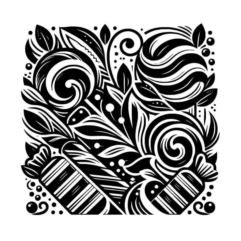 Intricate Black White Square Composition Lollipops, Candies, and Floral Elements in a Detailed Decorative Pattern, Artistic . vector