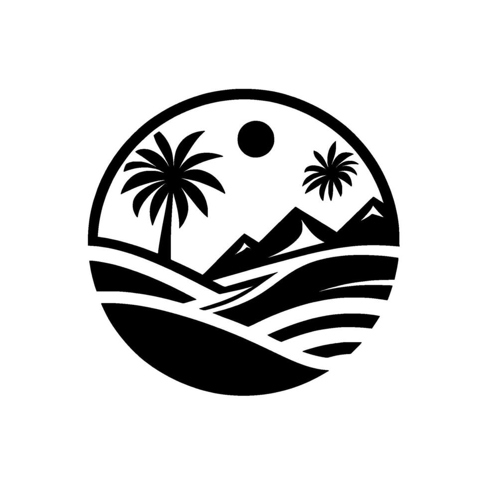 Black White Circular Illustration Depicting a Tropical Oasis with Palm Trees, Mountain Silhouette, Sun, and Rolling Dunes. vector
