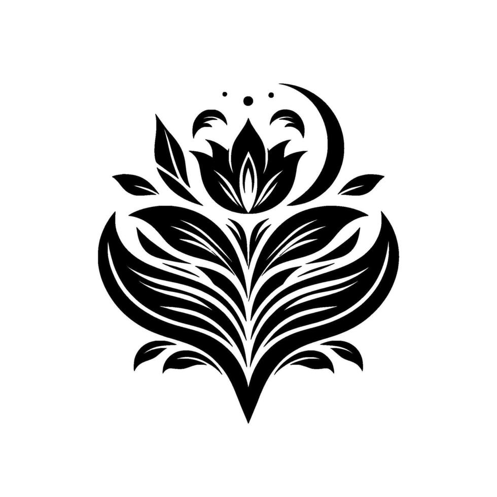 Symmetrical, stylized black floral emblem with heartshaped leaves, a central blossom, and crescentdot flourishes on a white background. vector