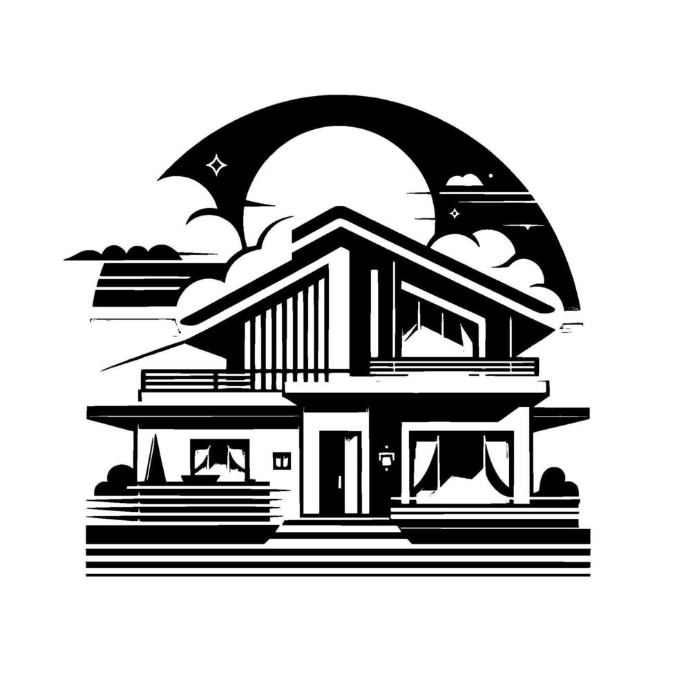 Architectural Black and White House Illustration with Stylized Clouds, Stars, and Geometric Composition vector
