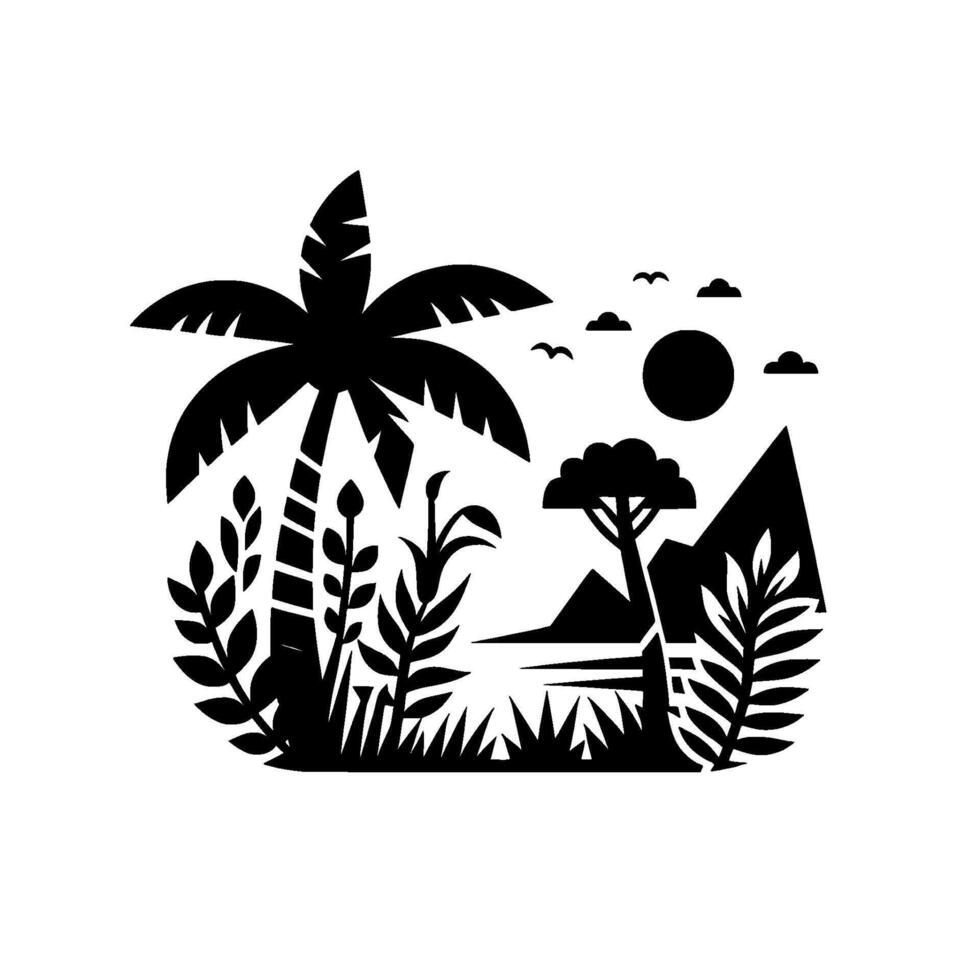 Bold Black and White Tropical Landscape Silhouette Palm Tree, Mountains, and Vegetation under a Sun with Clouds. vector