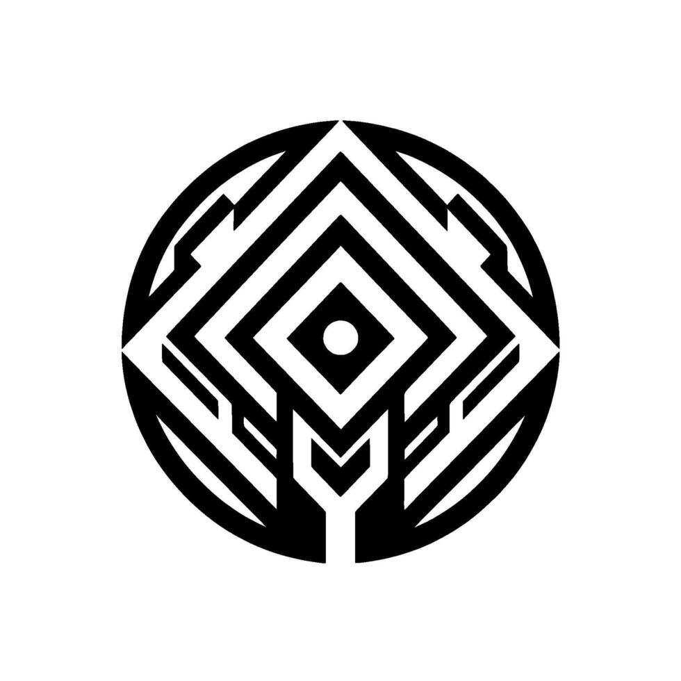 Geometric black and white abstract with concentric squares, circular frame, and a central dot, creating a striking visual pattern. vector