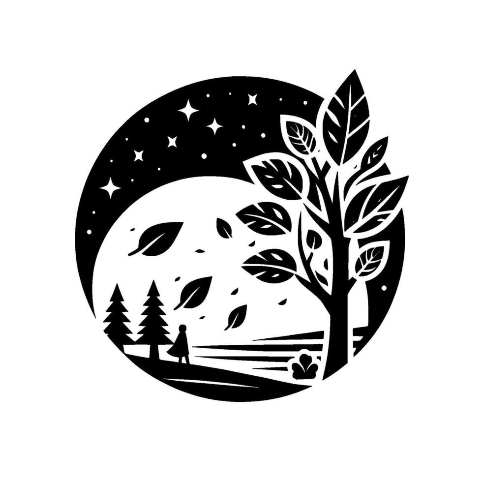 Silhouette of a person and trees against a starry night sky, with falling leaves and a large tree inside a circular frame, creating a whimsical black and white . vector