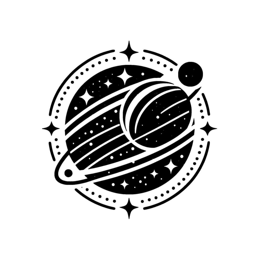 Black and White Stylized Celestial Illustration Featuring a Ringed Planet, Stars, and Cosmic Orbits. vector