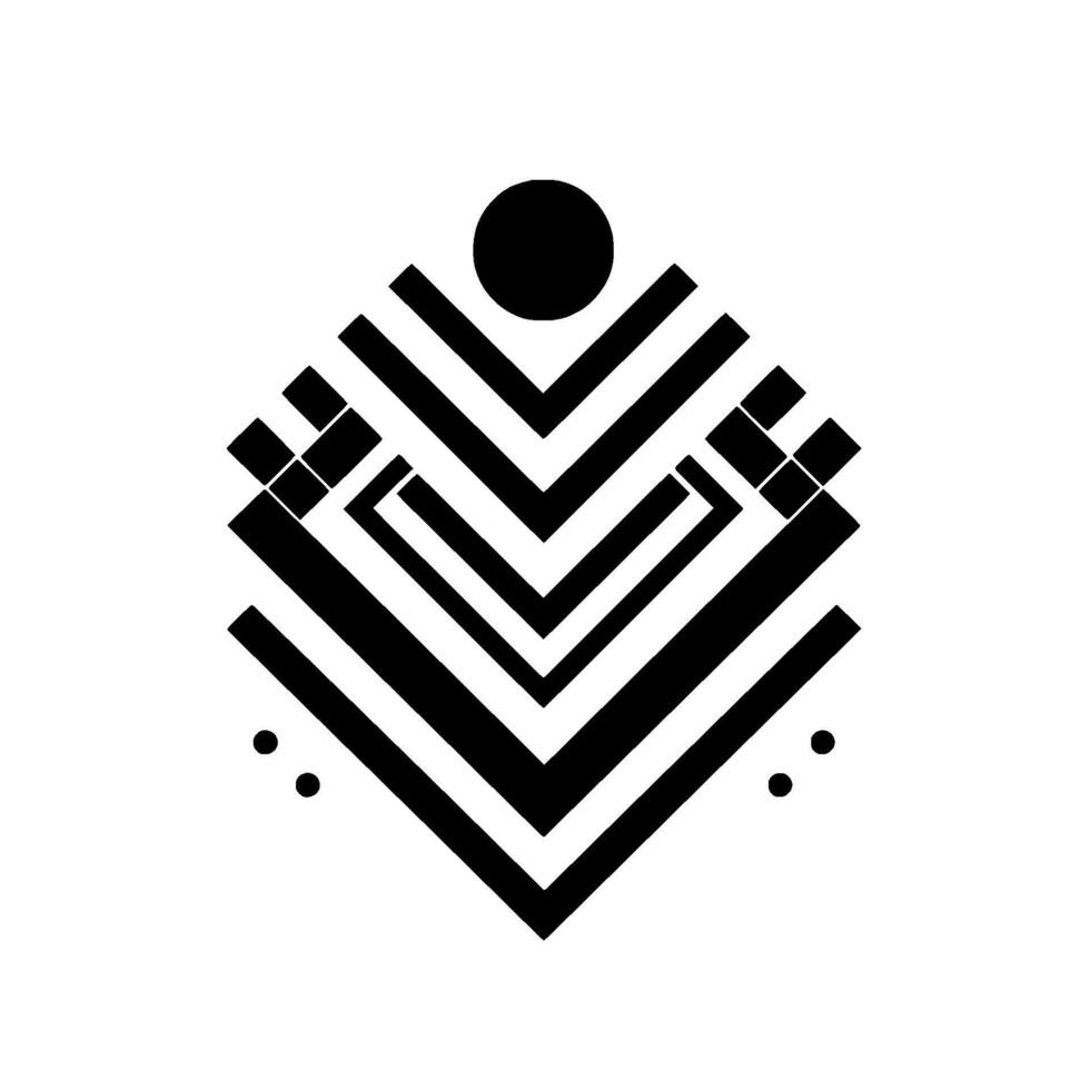 Abstract geometric composition of black and white shapes, centered, with a layered resembling a stylized crest or symbol with a central circle. vector