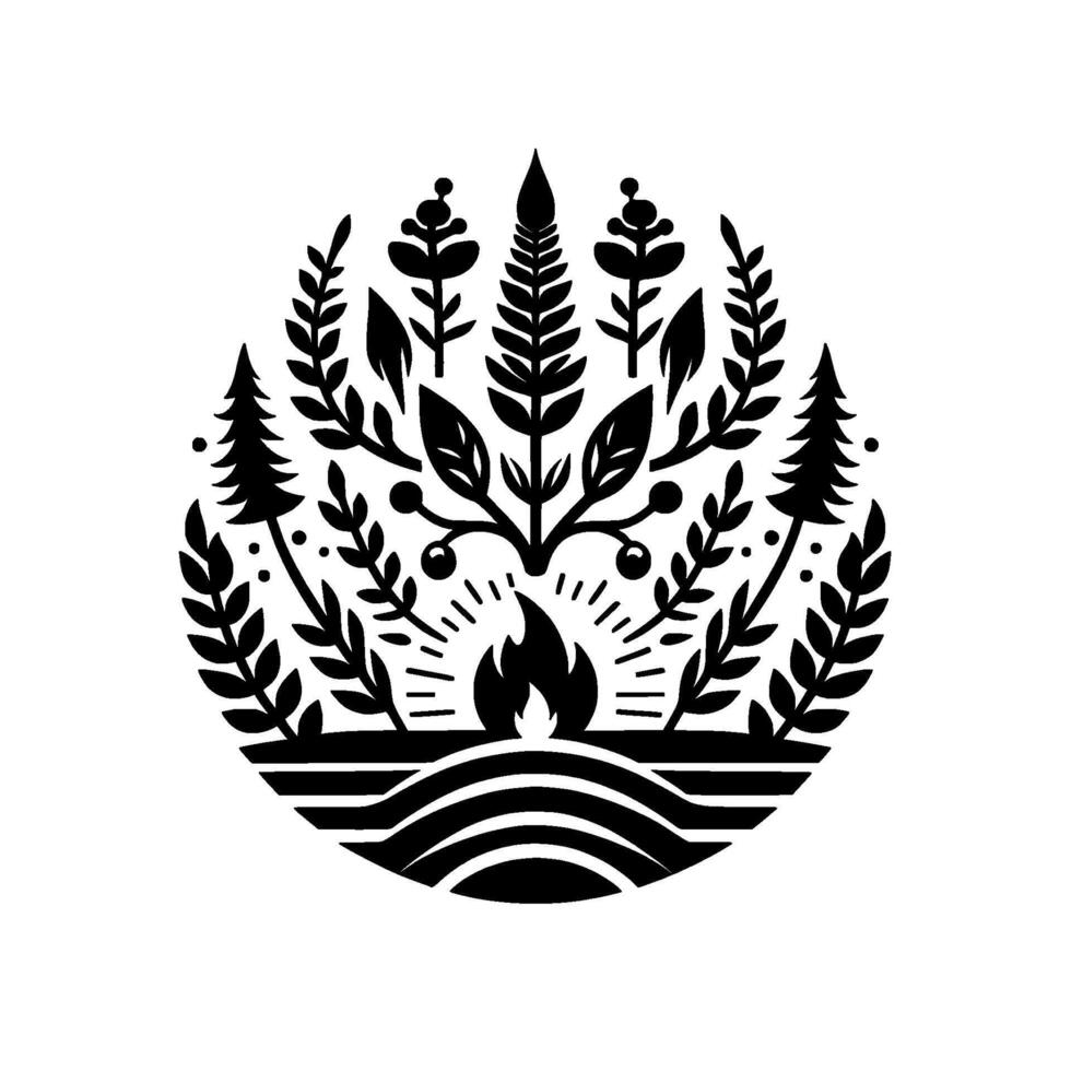 A circular, stylized black and white illustration of a campfire surrounded by diverse flora, representing natures elements in harmony. vector