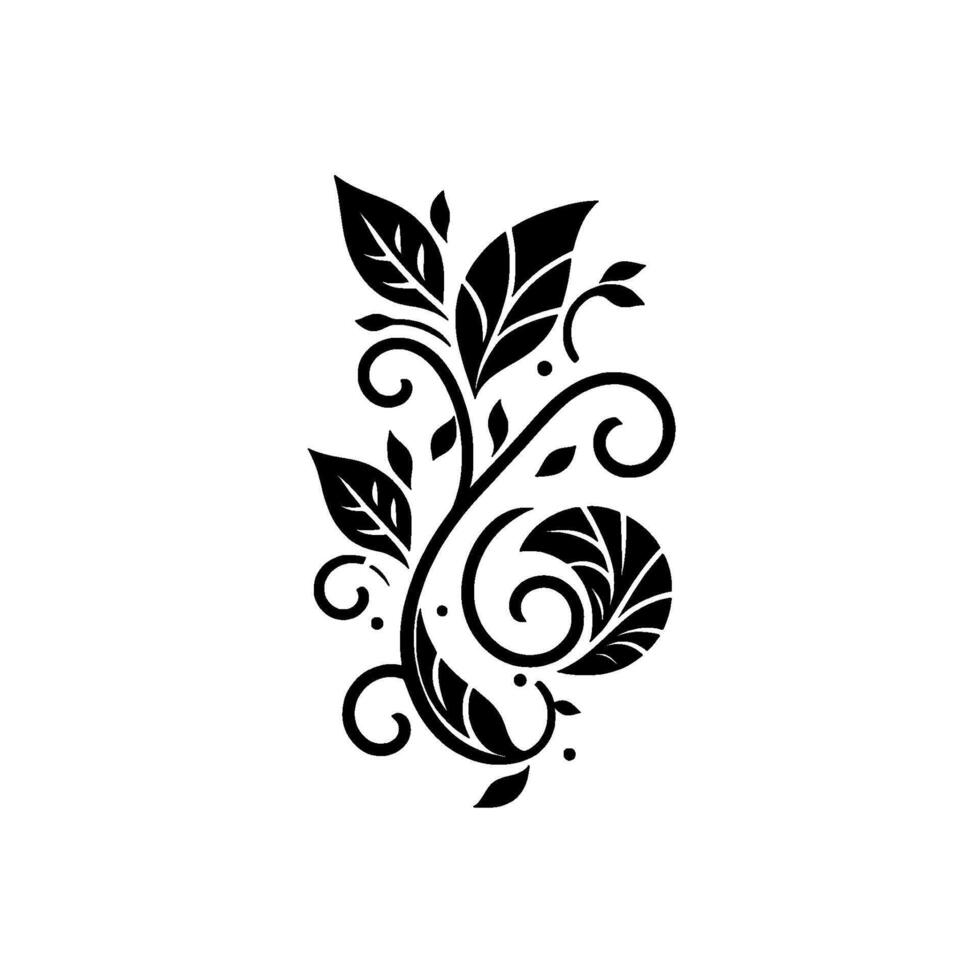 Elegant Black and White Floral Motif with Stylized Leaves and Swirls, on a Clean White Background. vector