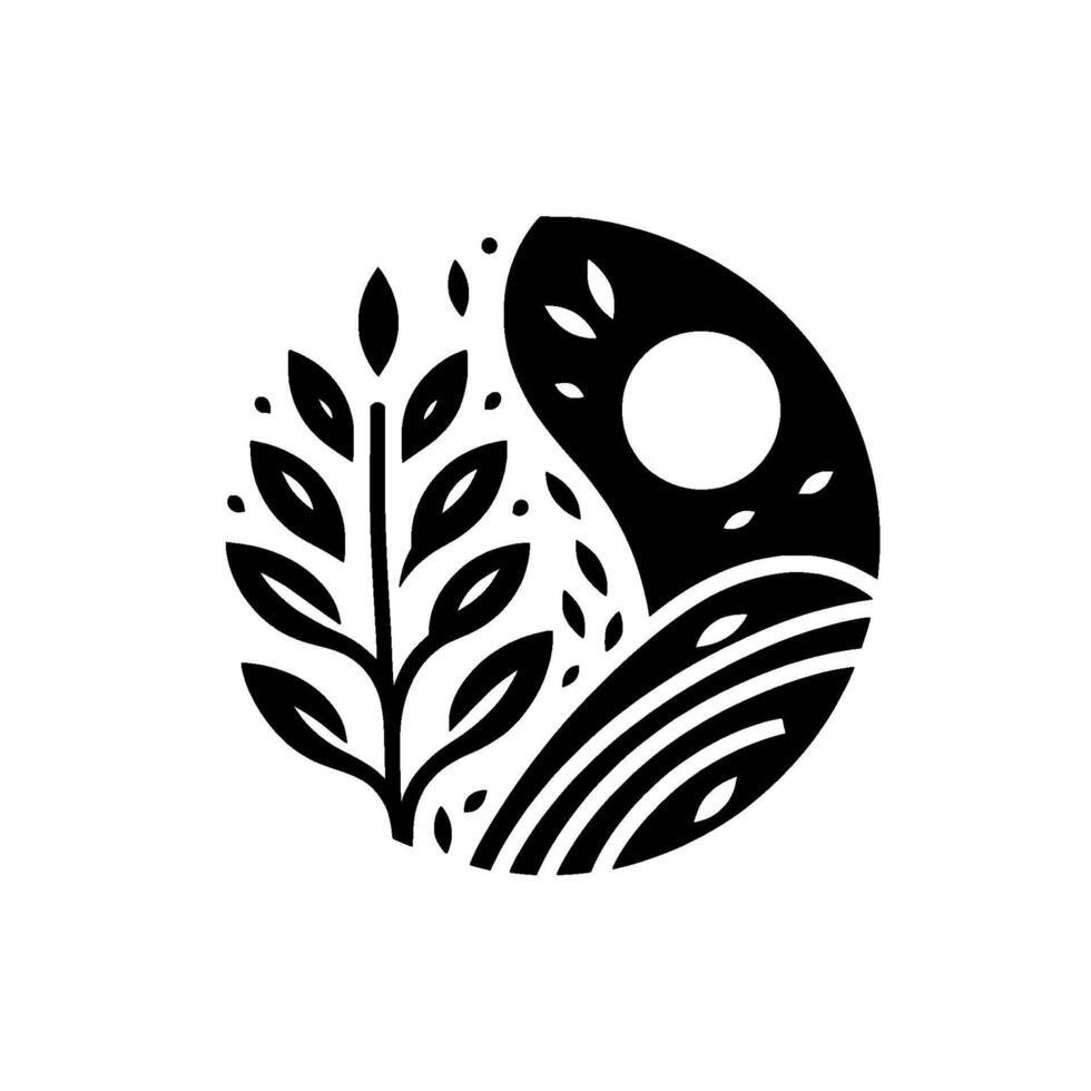YinYang Inspired Black White Circular Illustration with a Plant, Moon, and Landscape Elements, Minimalist vector