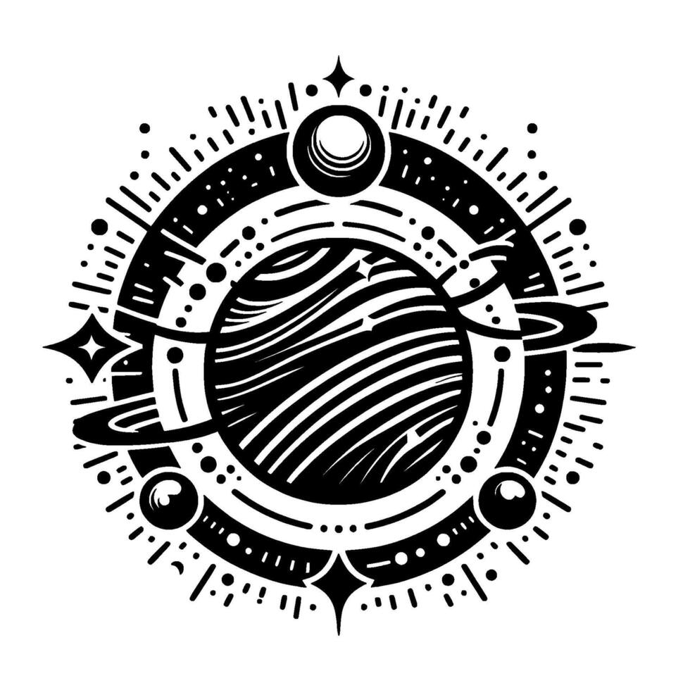 Intricate Black and White Celestial Illustration Featuring a Striated Planet, Rings, Stars, Orbs, and a Detailed Cosmic Circular . vector