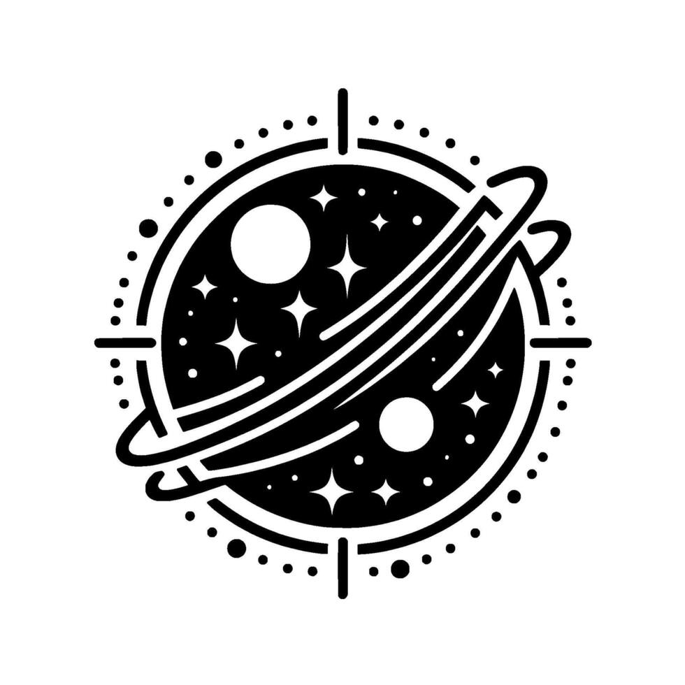 Abstract Black White Cosmic Emblem with Planet, Rings, Stars, and Dotted Border, Depicting a Celestial Navigation. vector