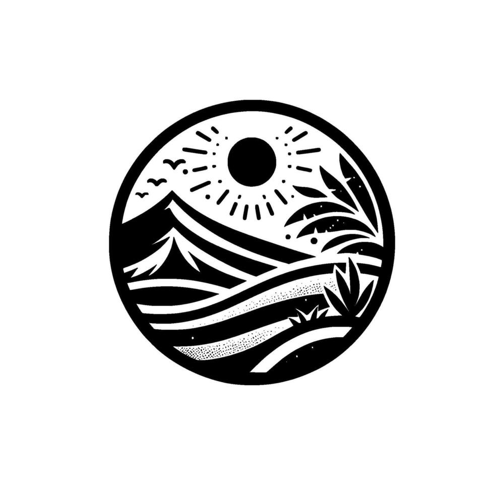 Monochromatic Circular Nature Mountainous Landscape, Sun, Birds, and Vegetation within a Bold Black and White . vector