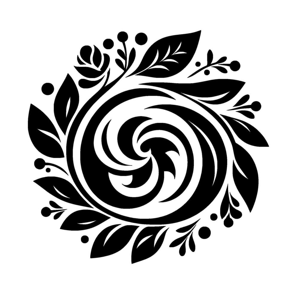 A symmetrical black and white floral pattern featuring a spiral vortex center, leaves, berries, and a rose, evoking natural elegance. vector
