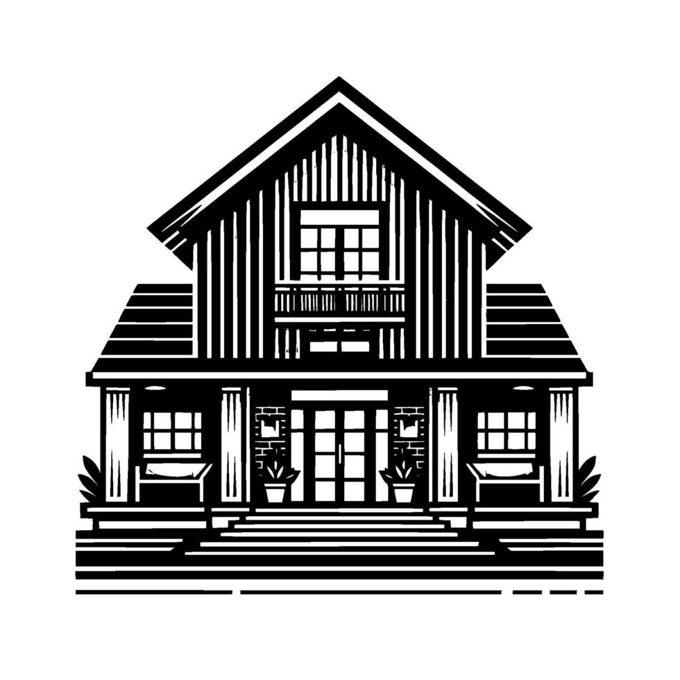 Striking Black and White Geometric Illustration of a TwoStory House with Balcony, Pillars, and a Brick Accent. vector