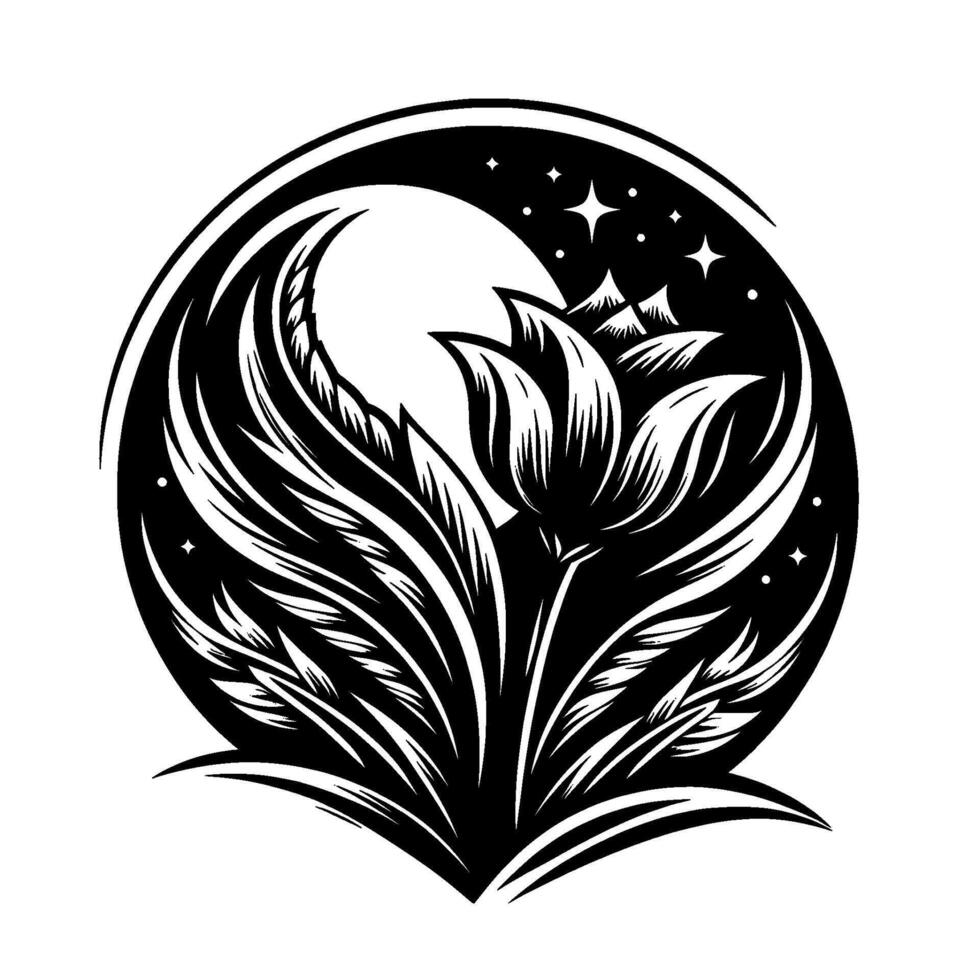 Black and White Floral Crest Stylized Lotus with Moon and Stars Inside a Circular Emblem with Foliage. vector