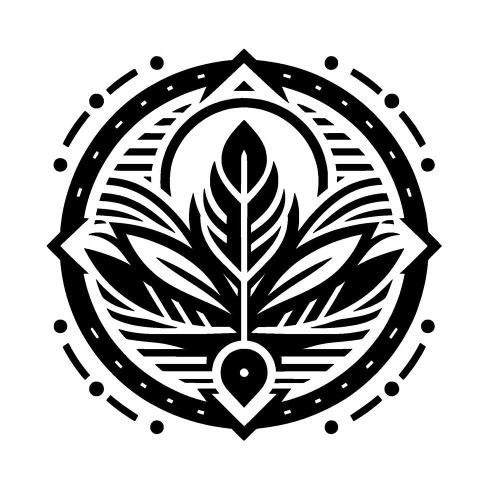 Abstract Black and White Circular Emblem Featuring a Stylized FeatherLike , Geometric Shapes, and Ornamental Elements. vector