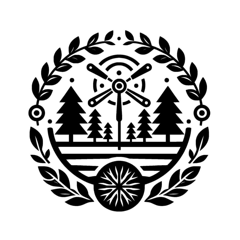 Black and white circular emblem of a windmill flanked by trees, laurel wreath, and a stylized water wheel. vector