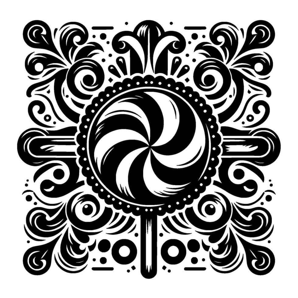 Intricate Black and White Circular Pattern featuring a Swirled Lollipop Centerpiece, Decorated with Floral and Curvilinear Ornaments. vector