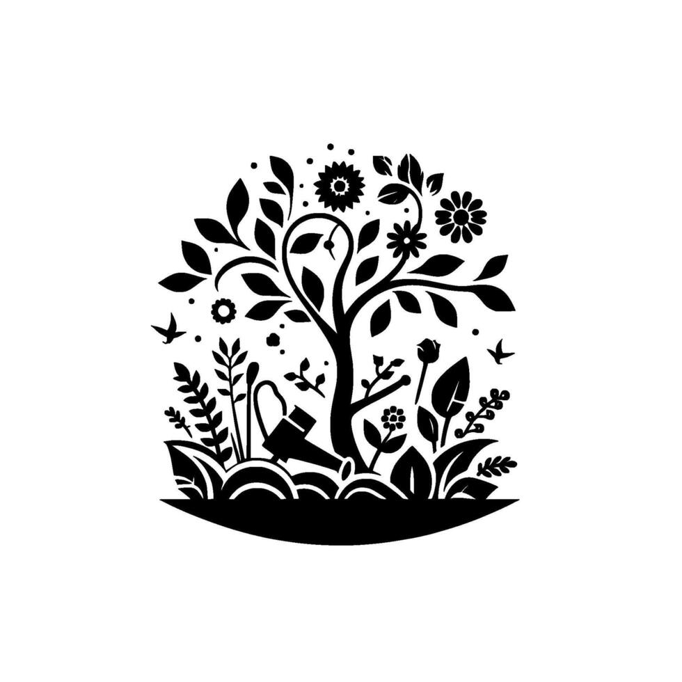 A stylized black and white illustration showcasing a flourishing garden with a central tree, diverse flora, a watering can, and whimsical bird silhouettes on a white background. vector
