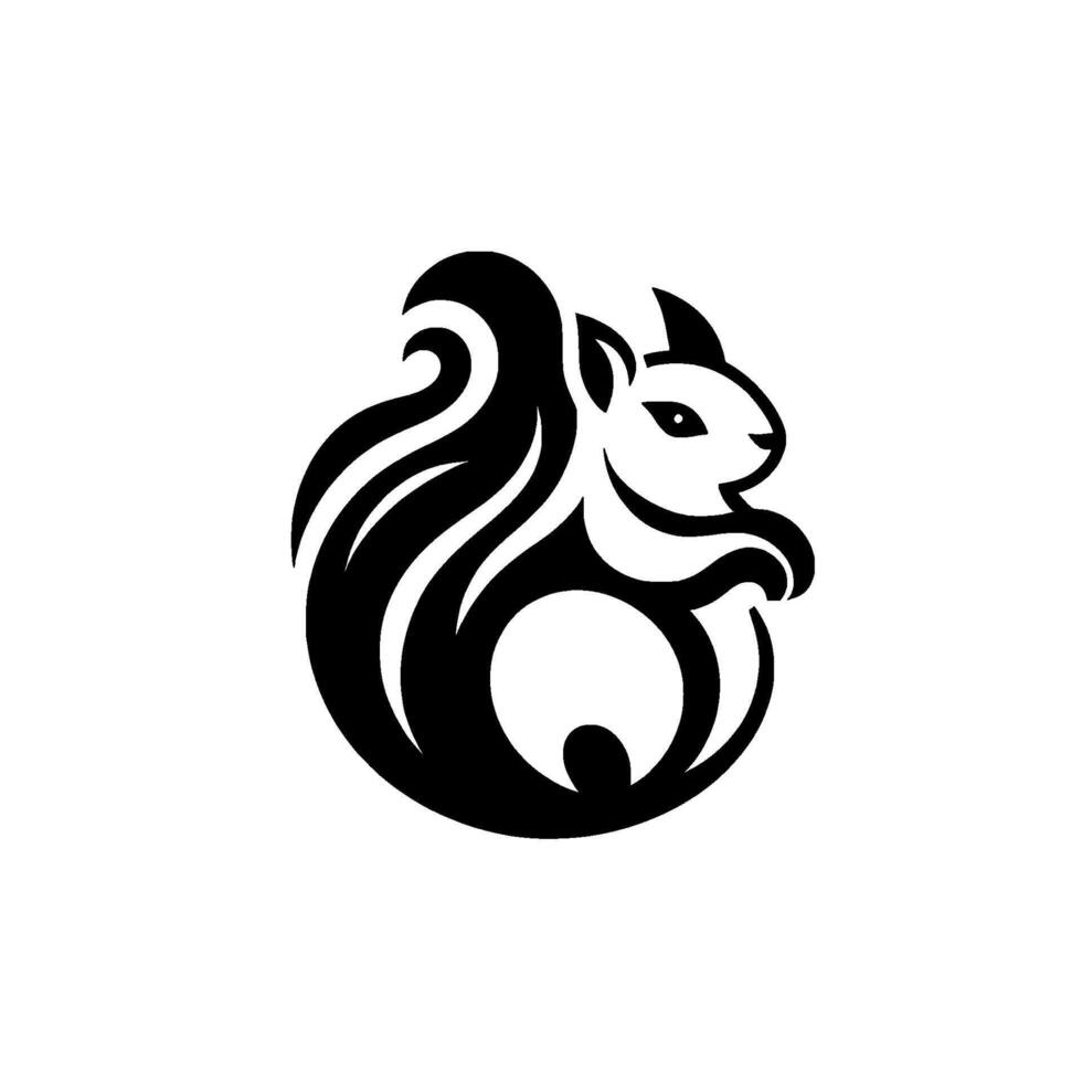 Bold Monochrome Squirrel A symmetrical, stylized illustration of a seated squirrel with a flowing, tail and body, creating a modern, minimalist feel. vector
