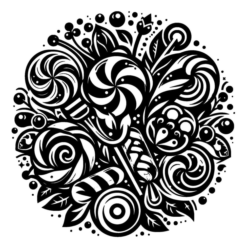 Whimsical Black White Candy Composition Swirls of Lollipops, Candies, and Decorative Leaves Forming a Circular Pattern. vector