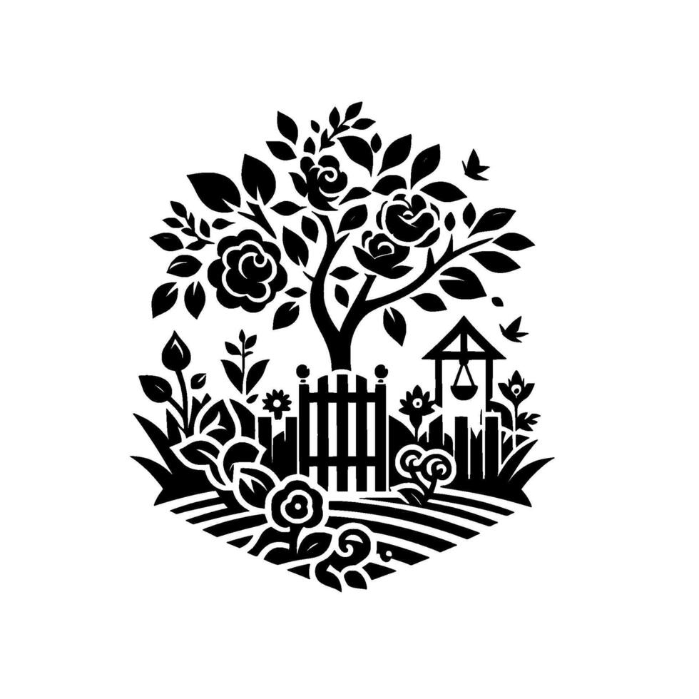 Intricate Black and White Garden Scene RoseFilled Tree, Picket Fence, Well, Flowers, Birds, and Striped Ground within an Oval. vector
