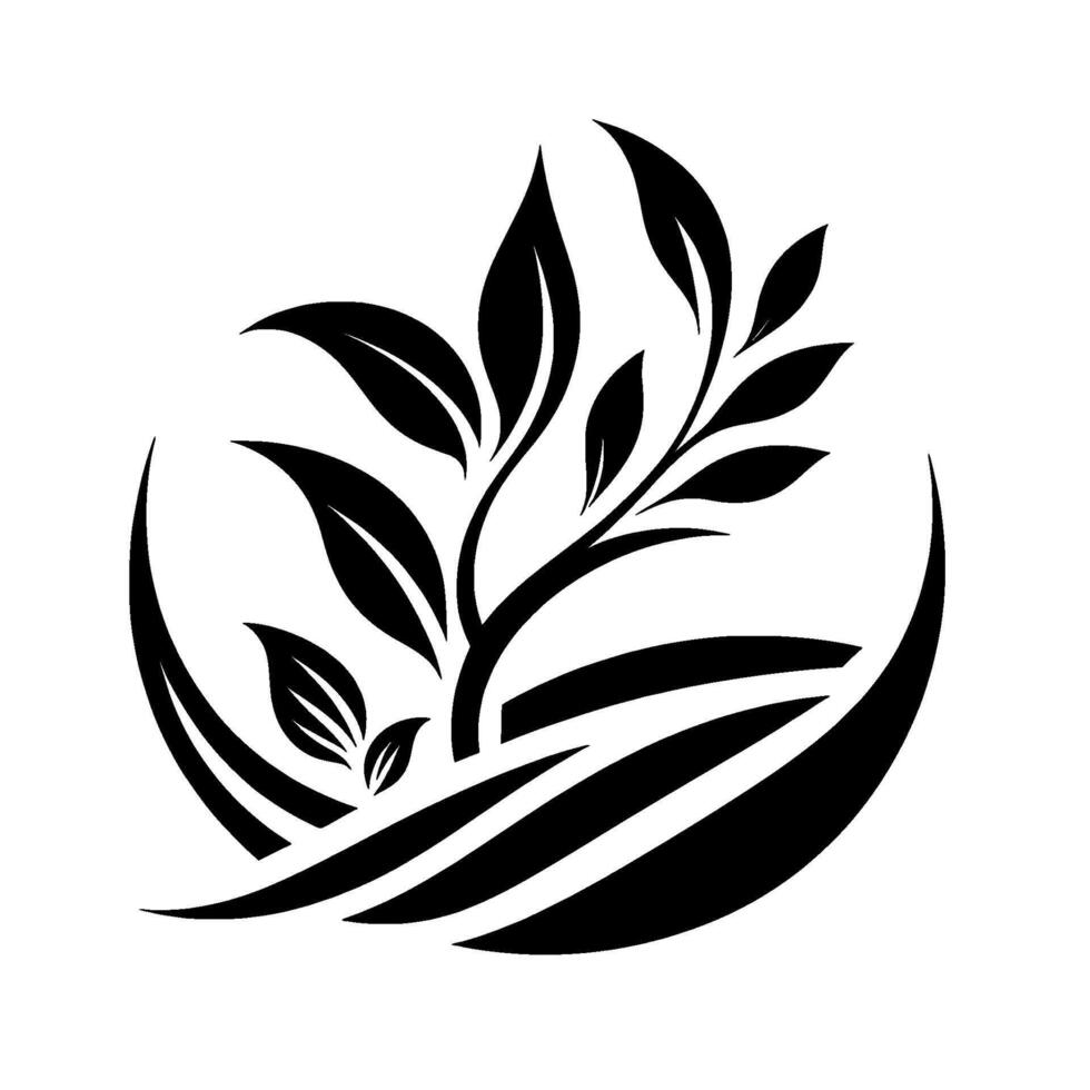 Minimalist Black and White Organic Emblem A stylized growing plant, nestled within a curved, layered field, evoking growth and nature. vector