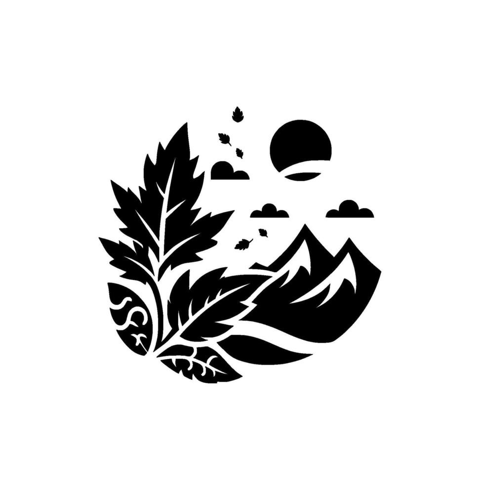 Black and white minimalist of a mountain landscape with stylized leaves, sun, and clouds. vector