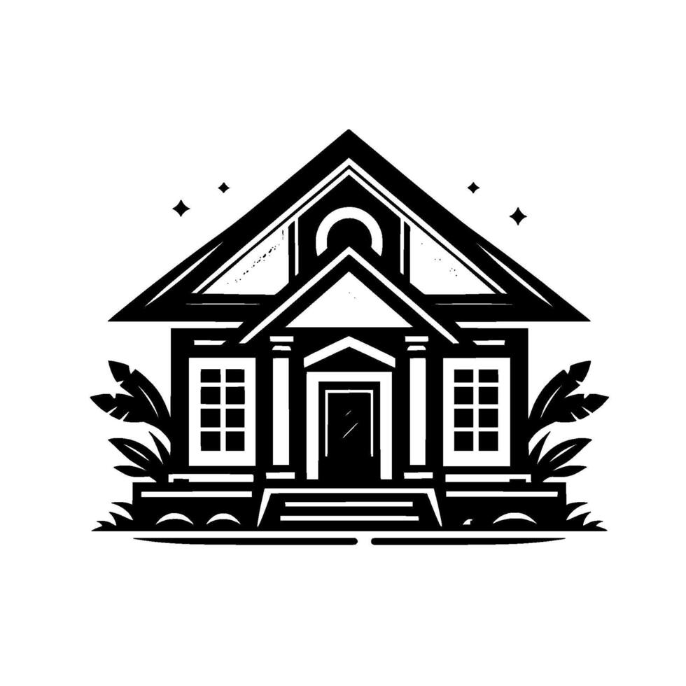 Elegant black and white illustration of a classic house with detailed architecture and starry accents. vector