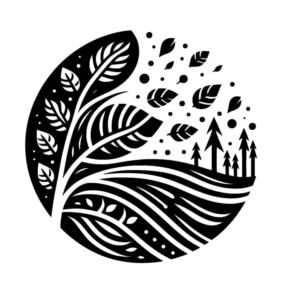 A monochrome, circular showcases a stylized tree and landscape, with falling leaves, wavy ground, and a cluster of trees. vector