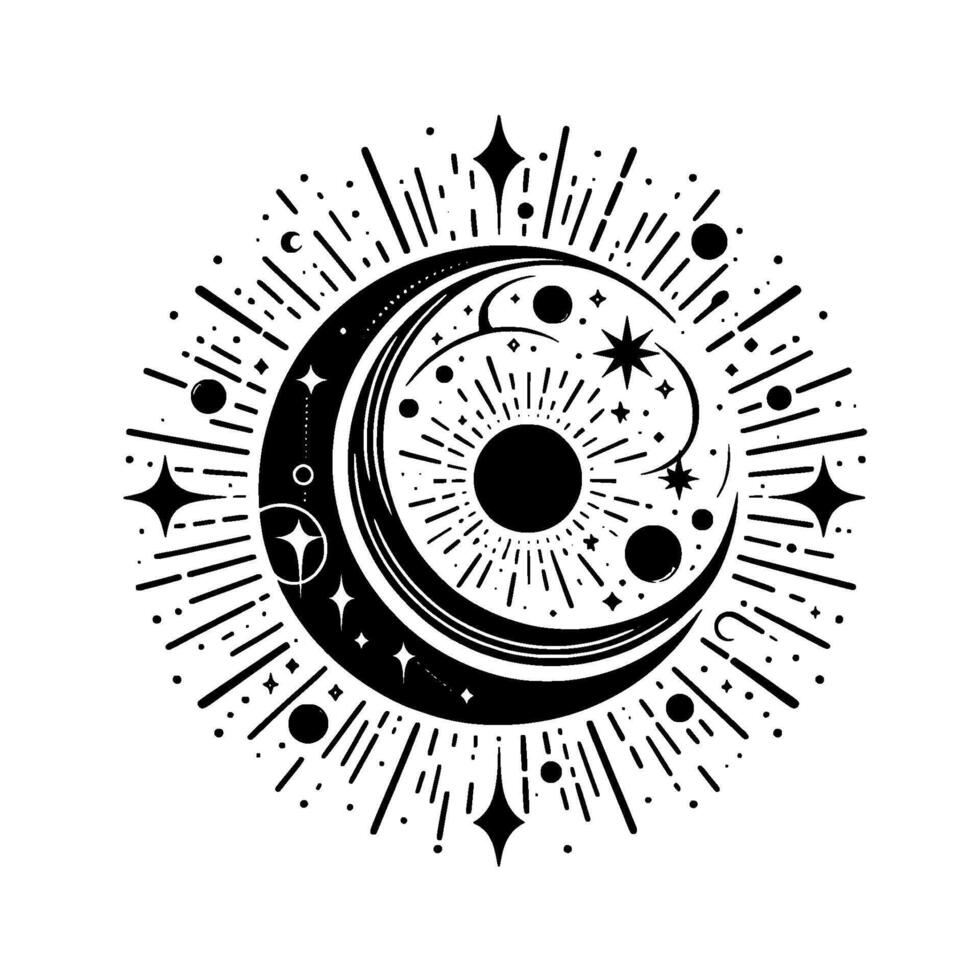 Celestial Mandala A symmetrical black and white illustration featuring a crescent moon, sun, stars, and radiating energy lines, creating a cosmic and spiritual . vector