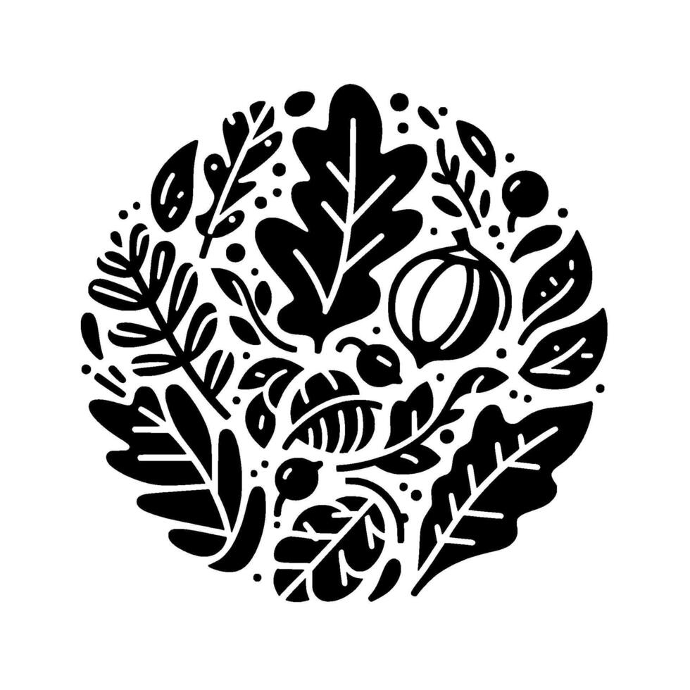 Circular Black and White Botanical Illustration Featuring Diverse Leaves, Acorns, and Berries, Creating a Natural Motif. vector