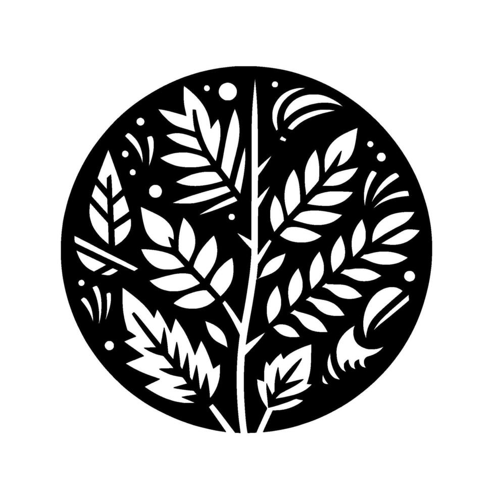 Minimalist Circular Black silhouette of a tree with intricate white leaves, branches, and dots against a stark white background. vector