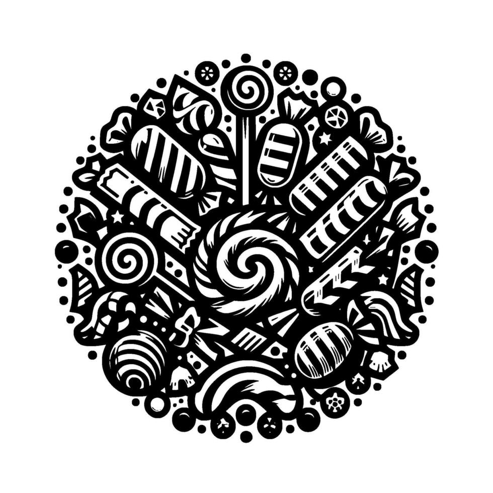 Intricate monochrome illustration of various candies, lollipops, and sweets arranged in a circular, decorative pattern on white background. vector