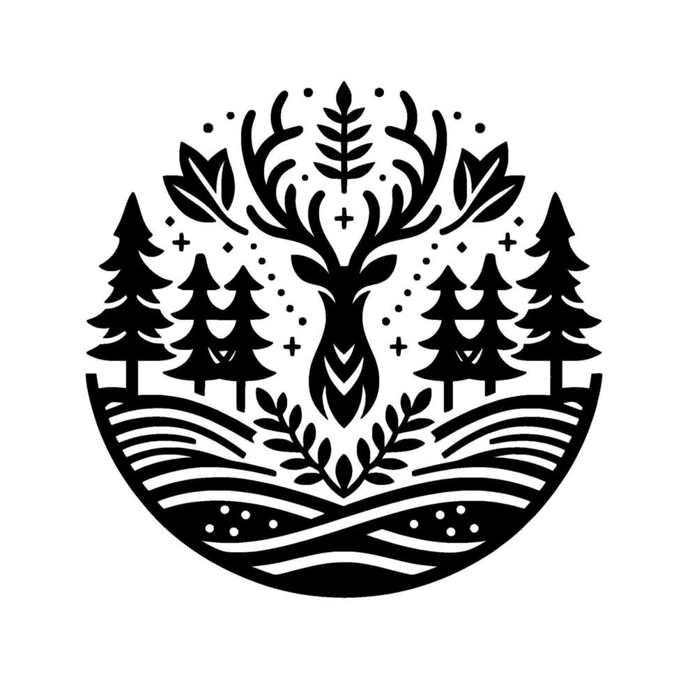 Minimalist black and white circle featuring a stylized deer with ornate antlers, surrounded by forest elements, creating a cohesive nature scene. vector