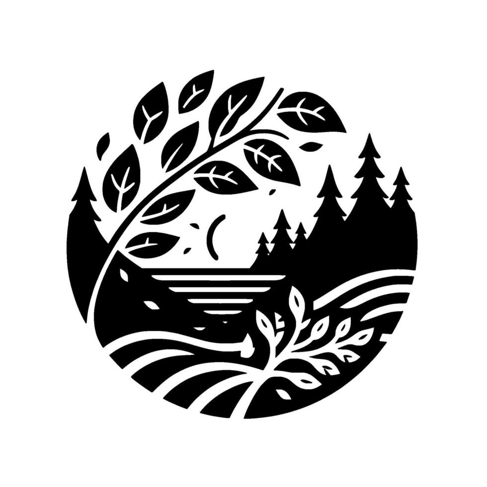 Monochrome Circular Landscape Trees, Lake, and Foliage Create a Silhouetted Nature Scene Enclosed in a Modern, vector