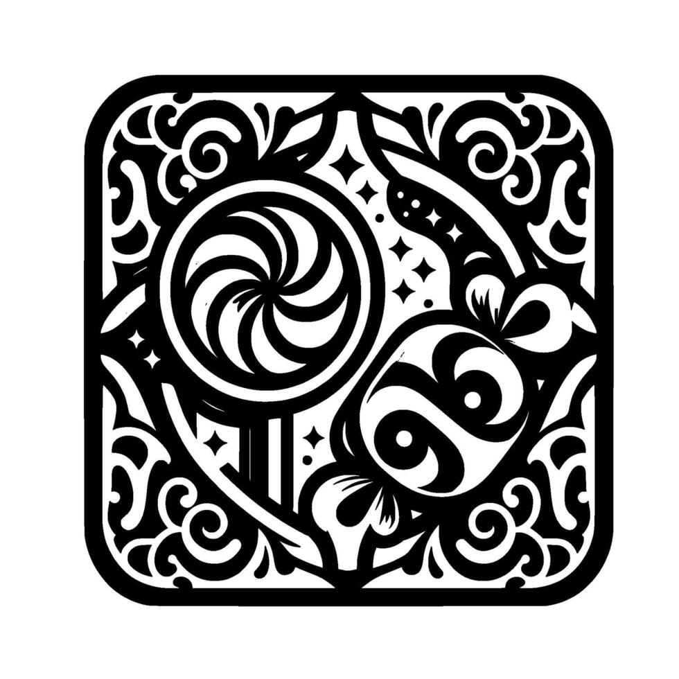 Intricate Black and White Square Featuring a Swirl Lollipop, YinYang Candy, and Floral Ornamentation. vector