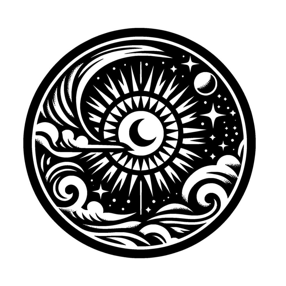 Intricate Celestial Circle Sun, Moon, Stars, and Clouds in a Bold Black and White vector