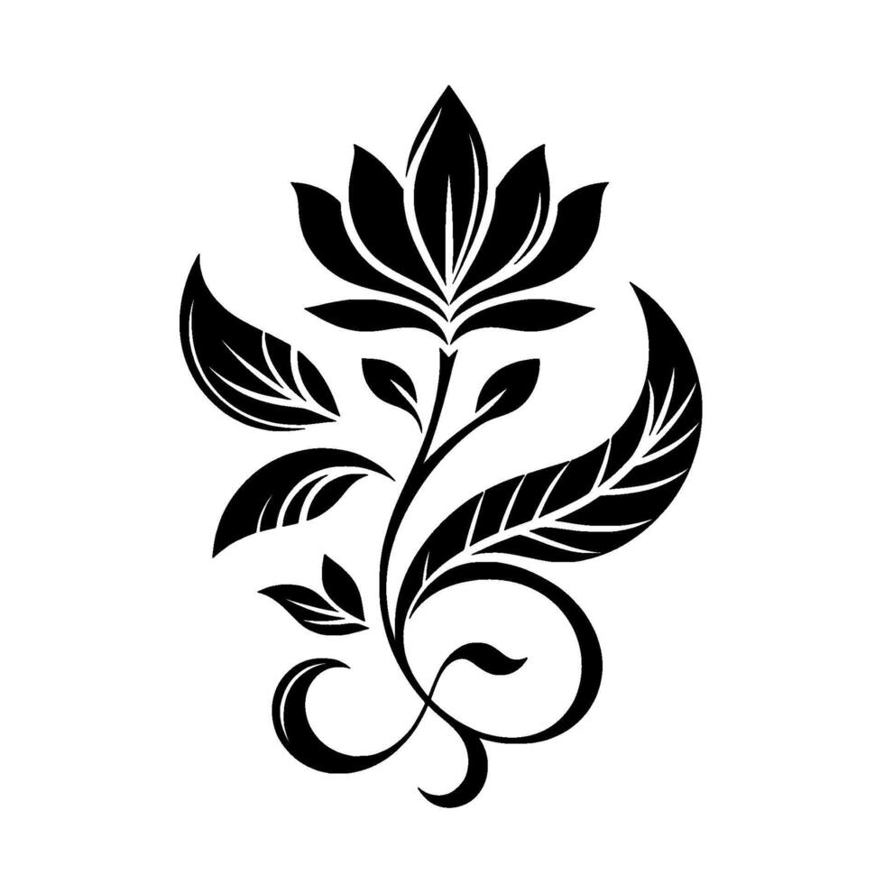 Black and white minimalist floral illustration featuring a stylized lotus with leaves, curves and delicate details, set against a clean white background. vector