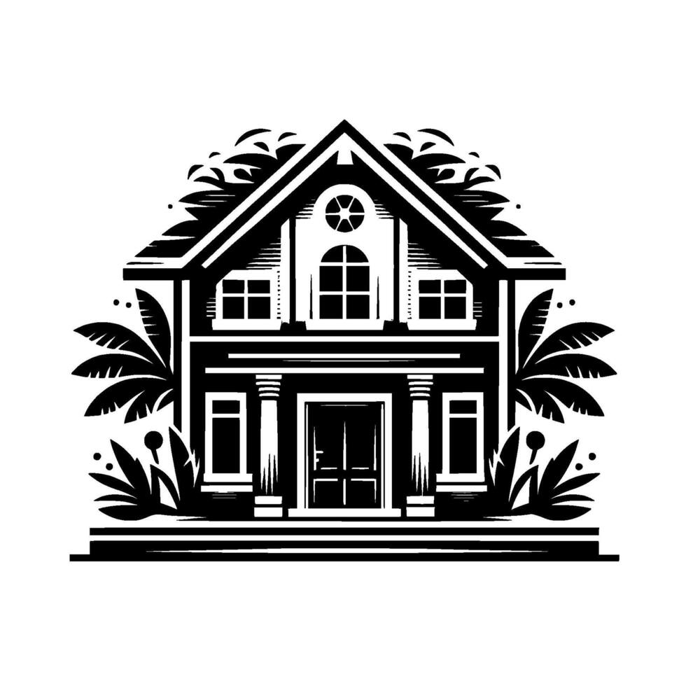 illustration of a classic twostory house, in black and white, with palm trees and a symmetrical architectural , embodying the essence of a tropical or coastal retreat. vector
