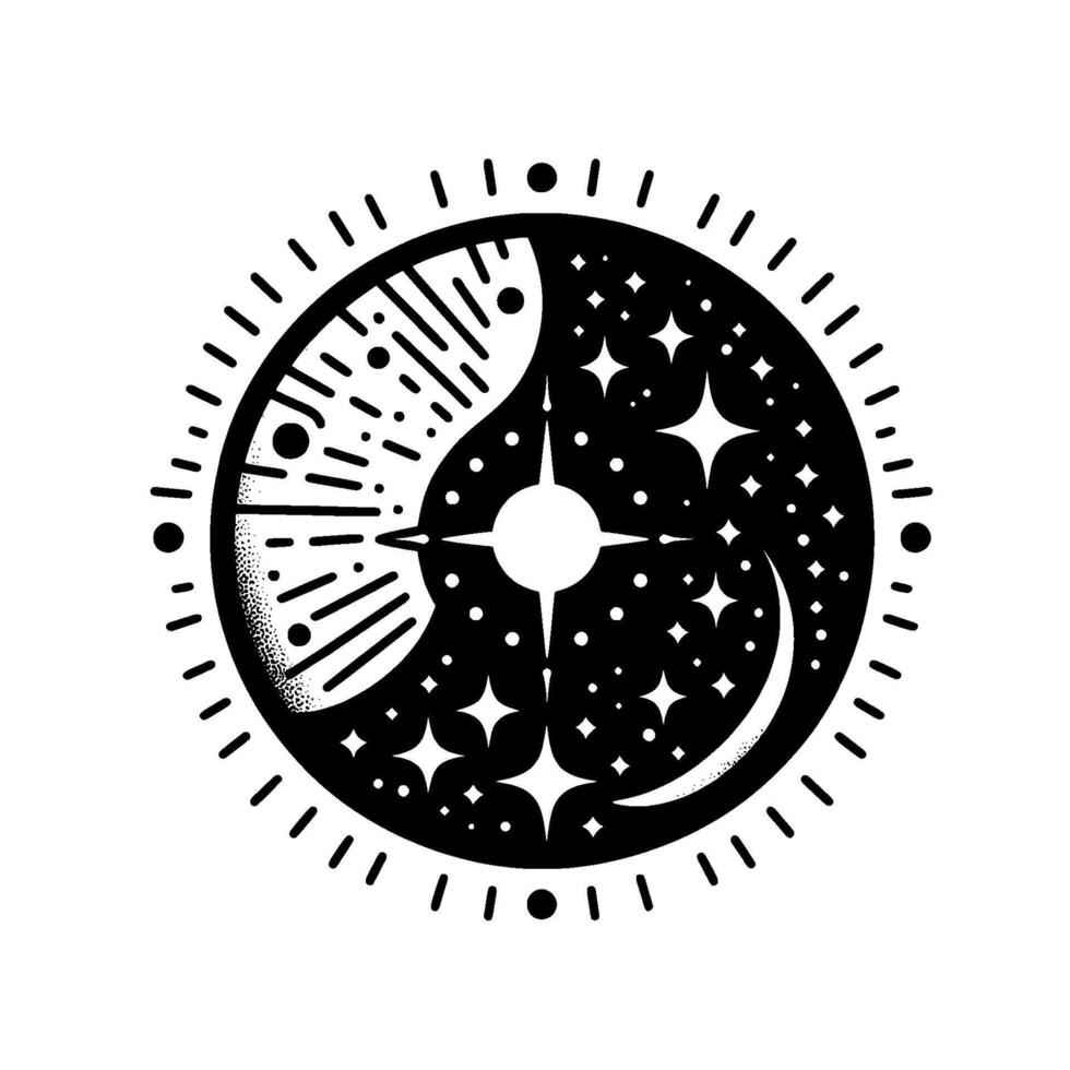 Celestial Yin Yang Black and White Illustration with stylized moon and starfield elements radiating outwards. vector
