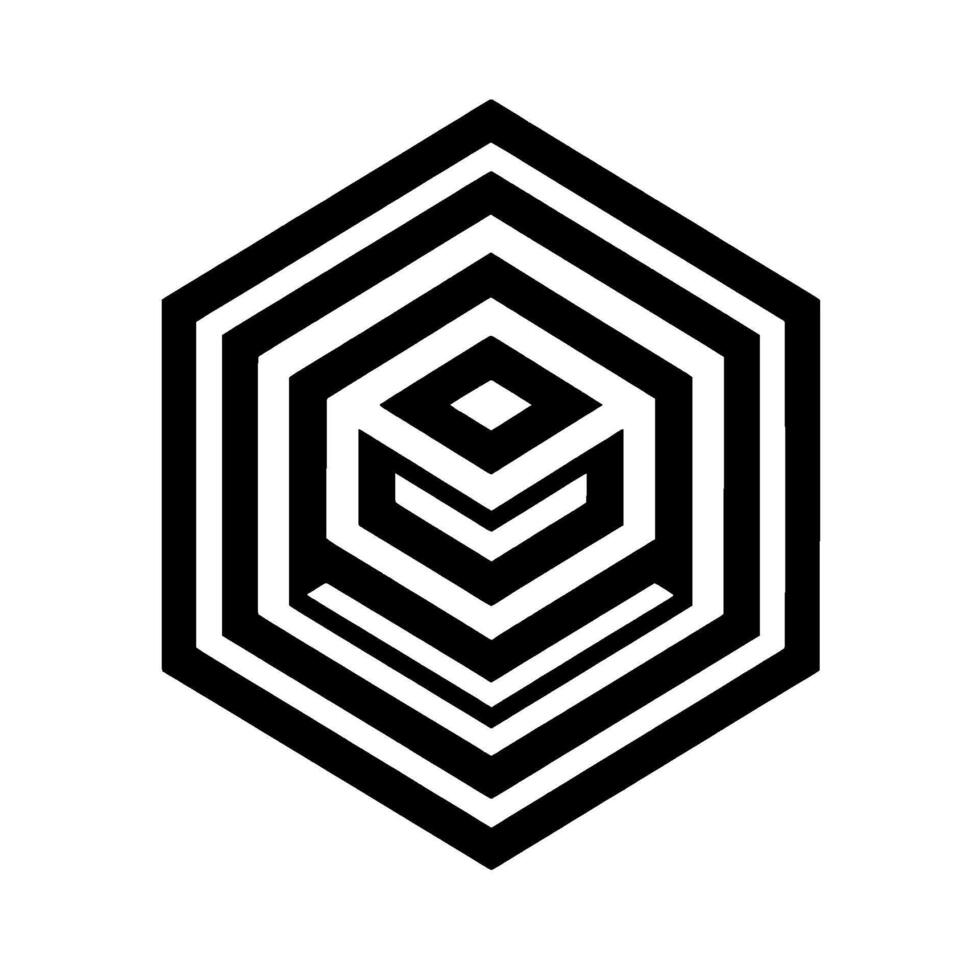 A geometric black and white , consisting of a hexagon nested with a boxlike structure, optical illusion effect. vector