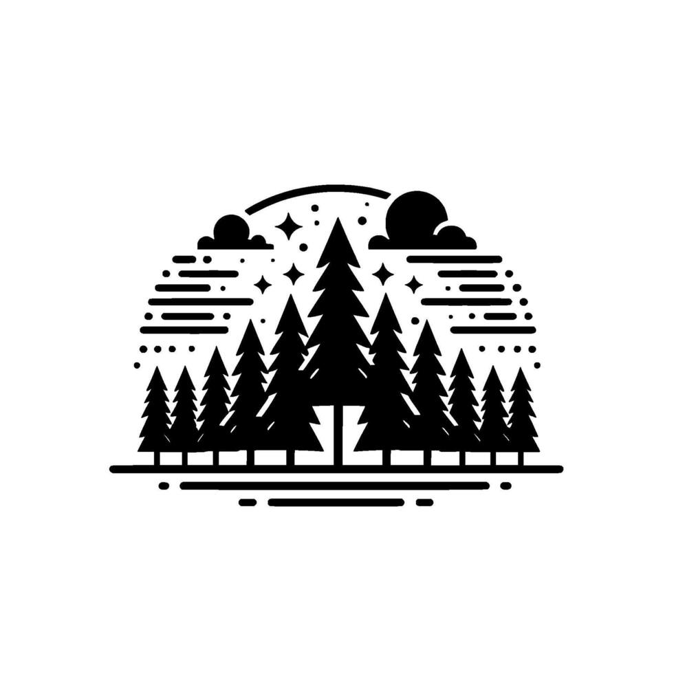 Black and White Stylized Forest Silhouette Under a Starry Sky and MoonClouds Emblem, Decorative . vector